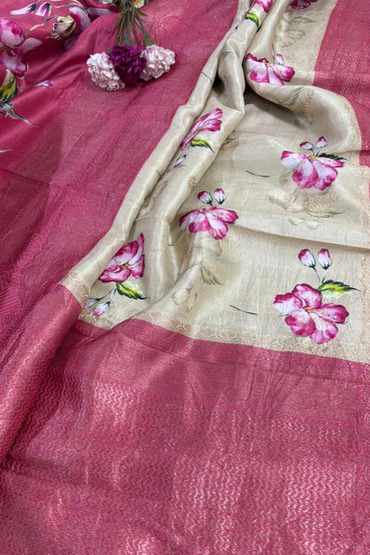 Exquisite Stunning Pastel Banarasi Digital Printed Tussar Silk Saree - Luxurion World