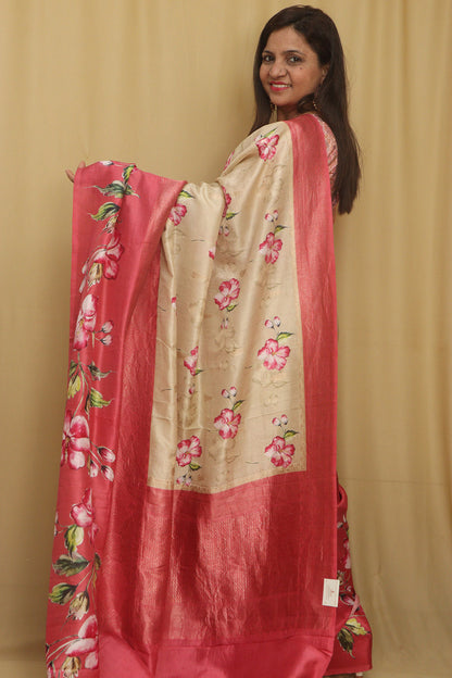 Exquisite Stunning Pastel Banarasi Digital Printed Tussar Silk Saree - Luxurion World