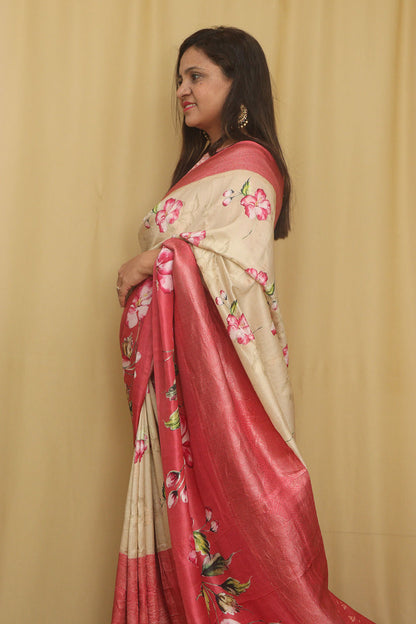 Exquisite Stunning Pastel Banarasi Digital Printed Tussar Silk Saree - Luxurion World