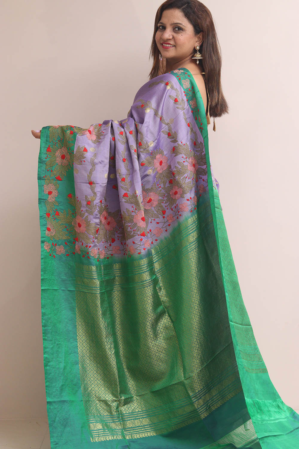Purple Gadwal Silk Saree With Kantha Embroidered Work - Luxurion World