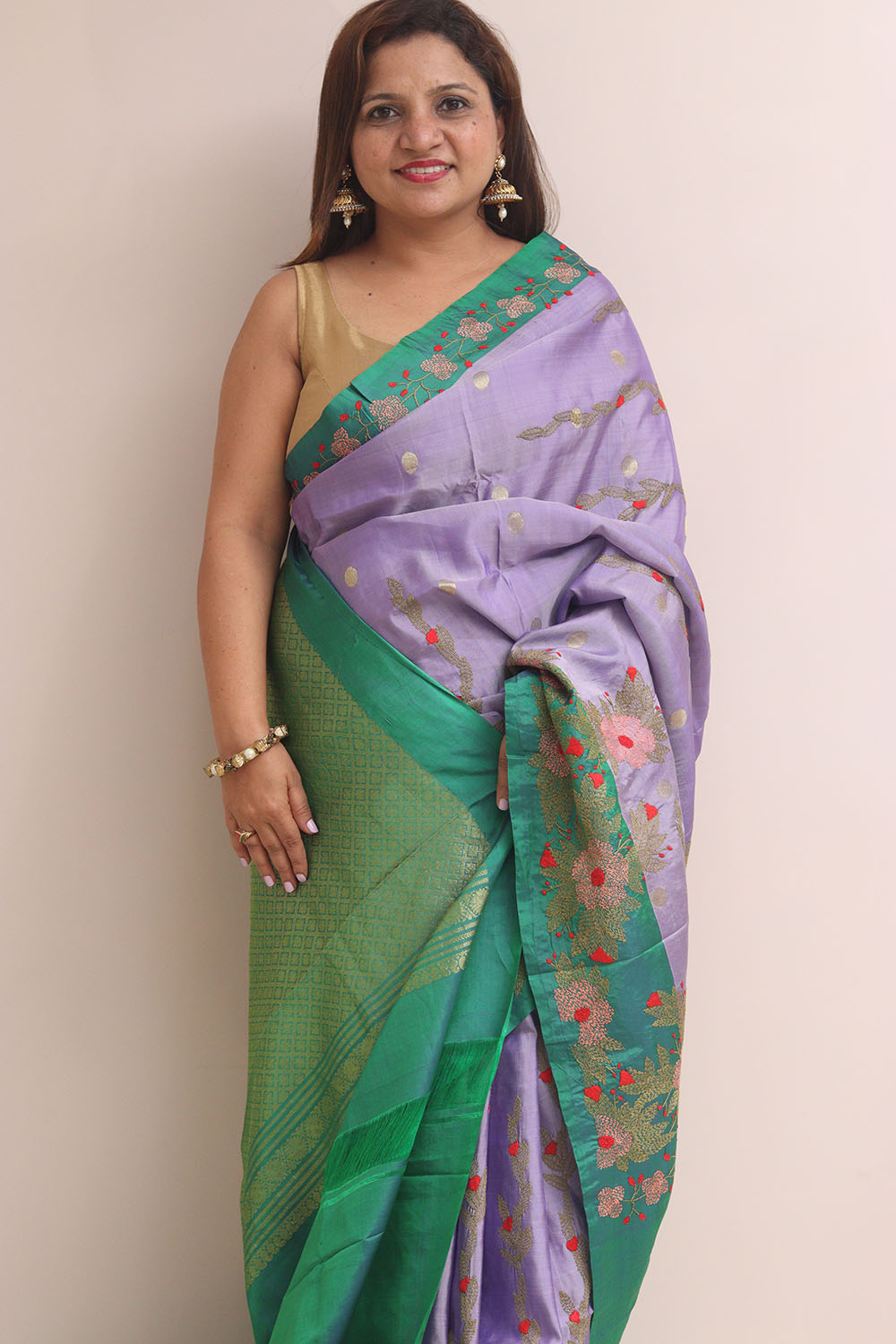 Purple Gadwal Silk Saree With Kantha Embroidered Work - Luxurion World