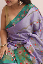 Purple Gadwal Silk Saree With Kantha Embroidered Work - Luxurion World
