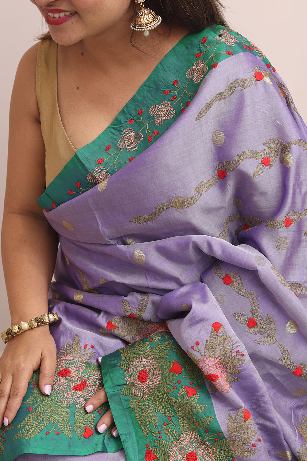 Purple Gadwal Silk Saree With Kantha Embroidered Work - Luxurion World