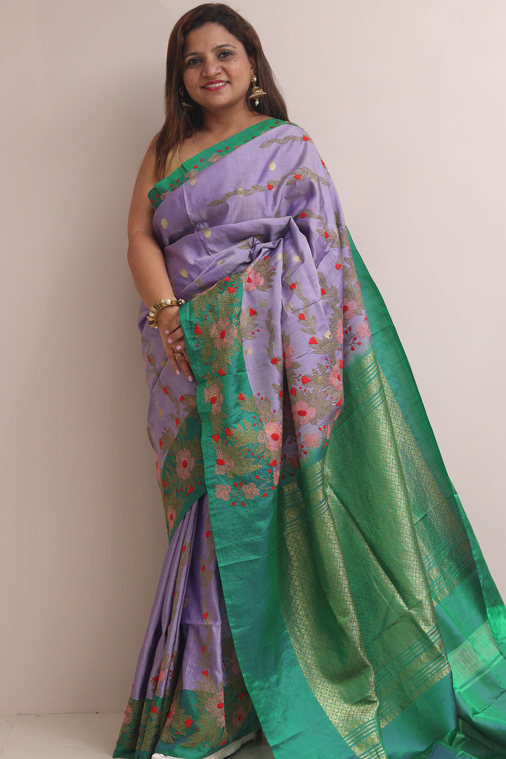 Purple Gadwal Silk Saree With Kantha Embroidered Work - Luxurion World