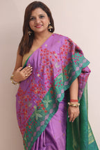 Stunning Purple Gadwal Silk Saree With Kantha Embroidered Work - Luxurion World