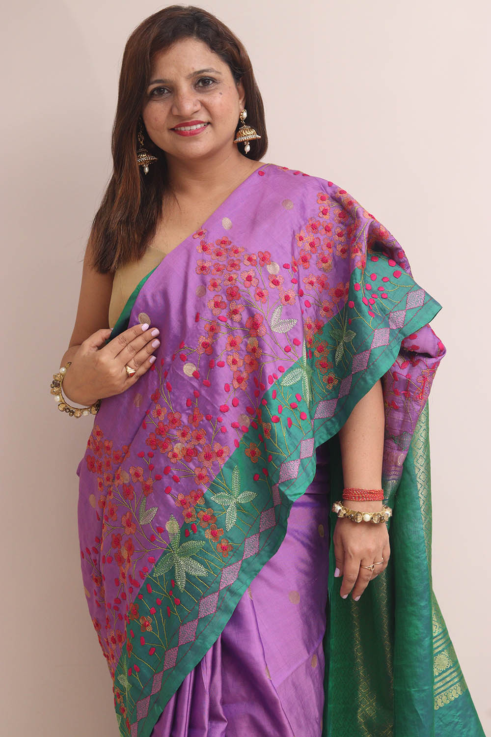 Stunning Purple Gadwal Silk Saree With Kantha Embroidered Work - Luxurion World
