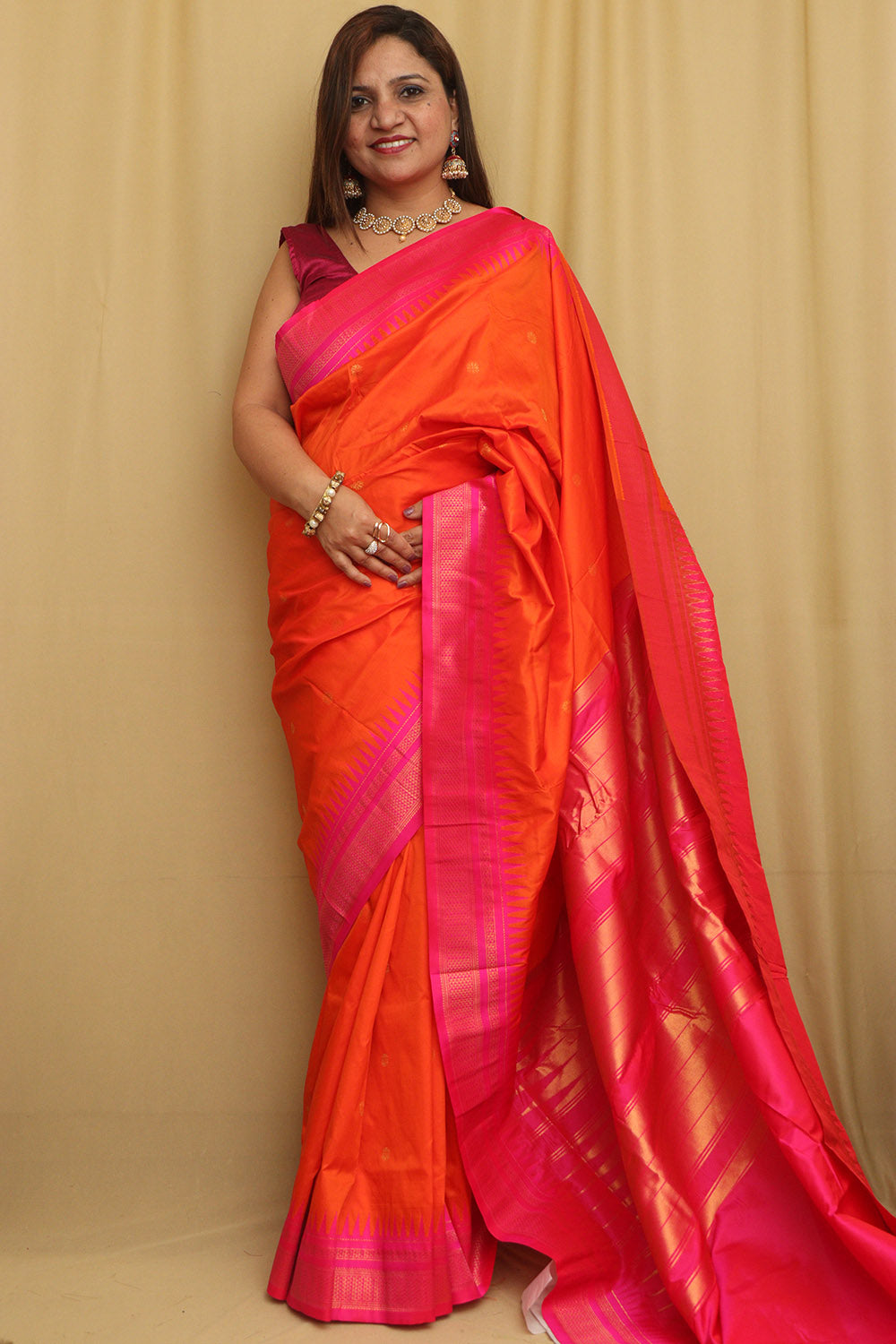 Stunning Orange Ilkal Silk Saree - Elegant and Timeless - Luxurion World