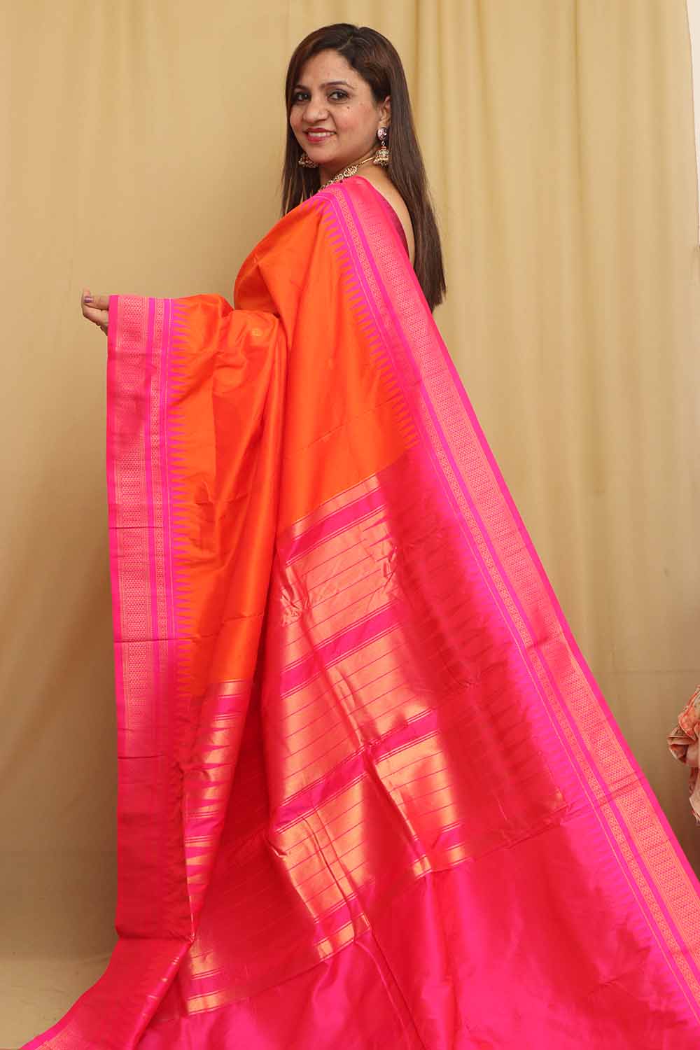Stunning Orange Ilkal Silk Saree - Elegant and Timeless - Luxurion World