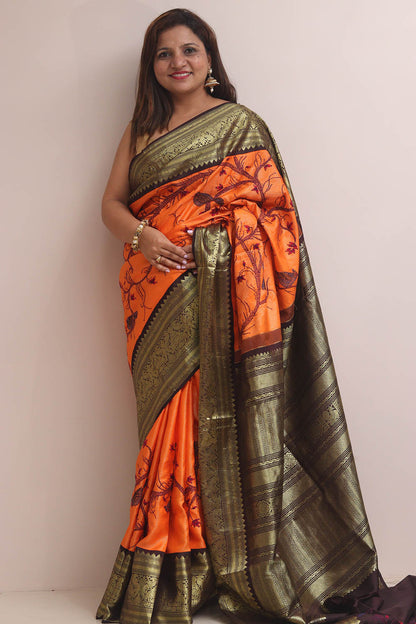Orange Kanjeevaram Silk Saree With Kantha Embroidered Work - Luxurion World