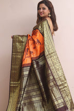 Orange Kanjeevaram Silk Saree With Kantha Embroidered Work - Luxurion World