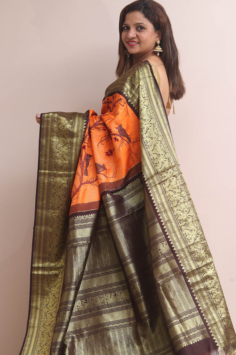Orange Kanjeevaram Silk Saree With Kantha Embroidered Work - Luxurion World