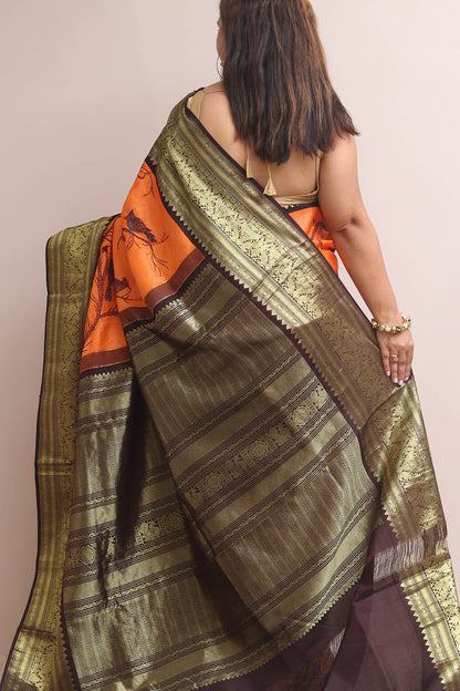 Orange Kanjeevaram Silk Saree With Kantha Embroidered Work - Luxurion World