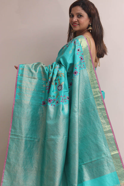 Blue Kanjeevaram Silk Saree With Kantha Embroidered Work - Luxurion World