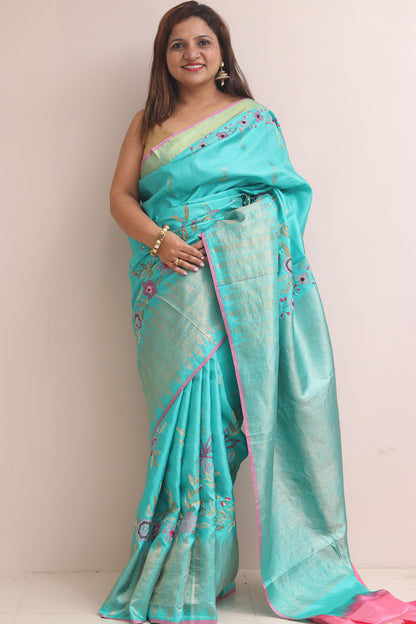 Blue Kanjeevaram Silk Saree With Kantha Embroidered Work - Luxurion World