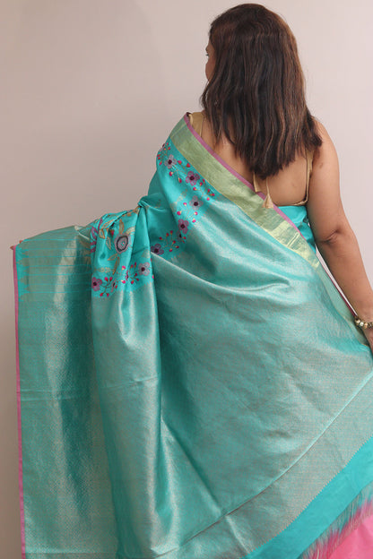 Blue Kanjeevaram Silk Saree With Kantha Embroidered Work - Luxurion World