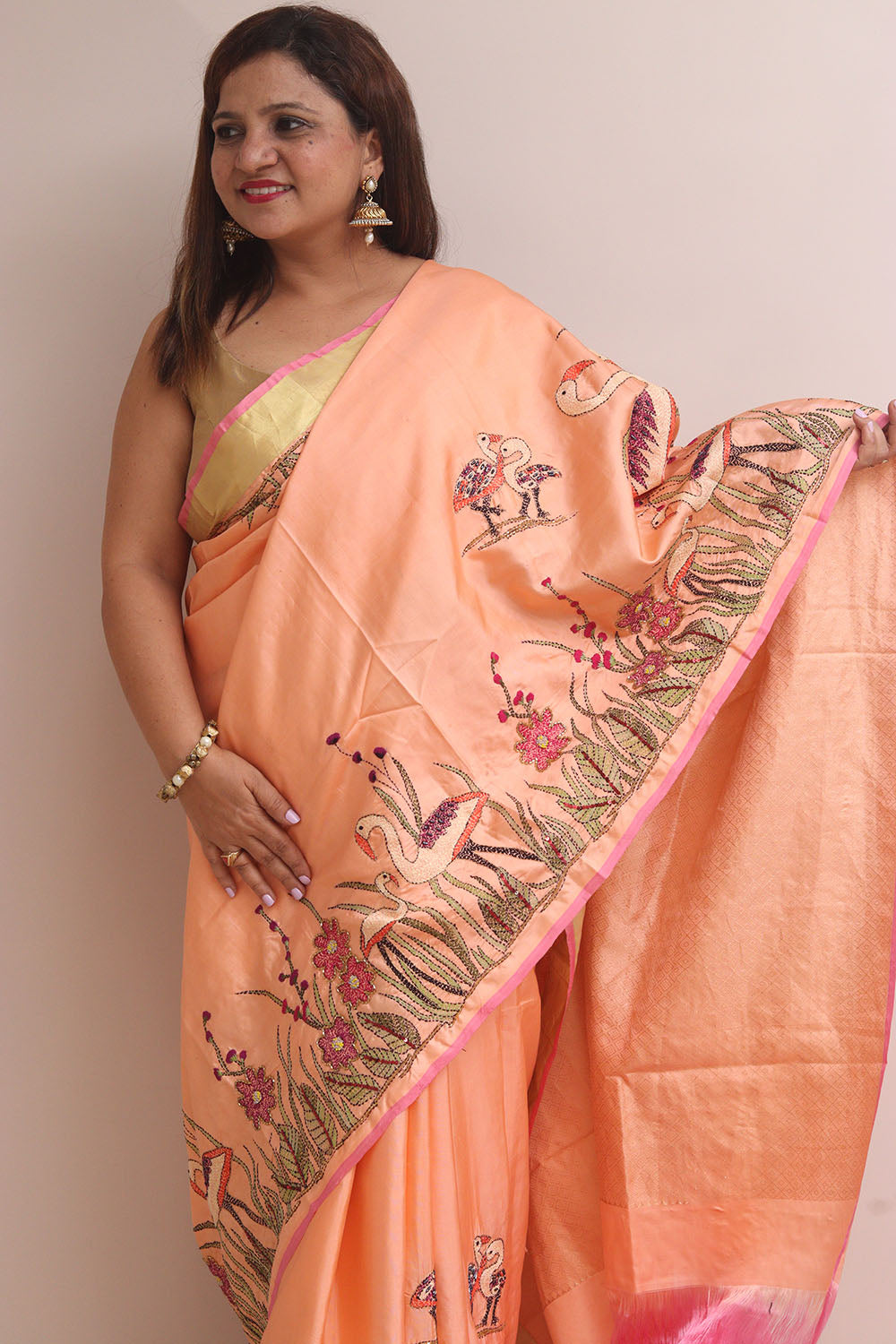 Peach Kanjeevaram Silk Saree With Kantha Embroidered Work - Luxurion World