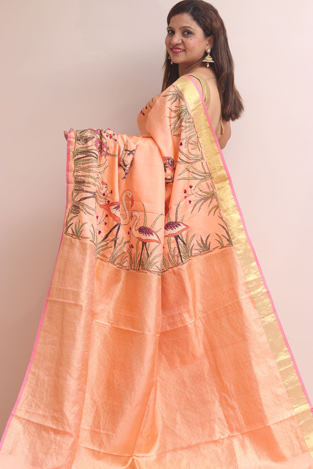 Peach Kanjeevaram Silk Saree With Kantha Embroidered Work - Luxurion World