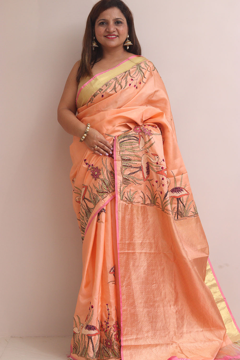 Peach Kanjeevaram Silk Saree With Kantha Embroidered Work - Luxurion World