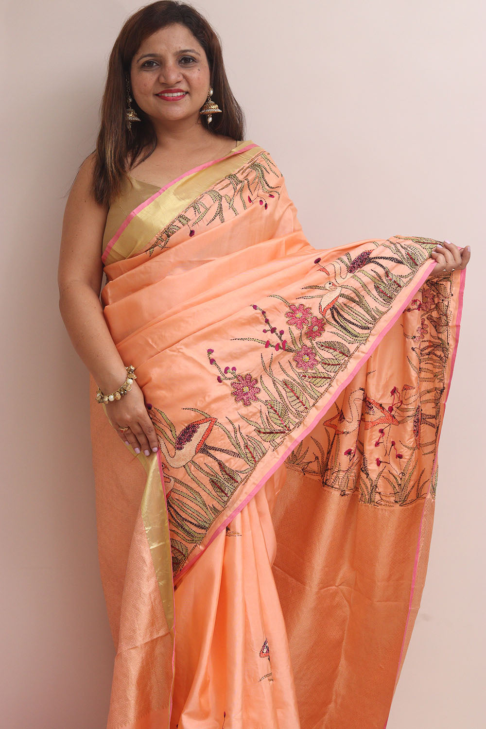Peach Kanjeevaram Silk Saree With Kantha Embroidered Work - Luxurion World