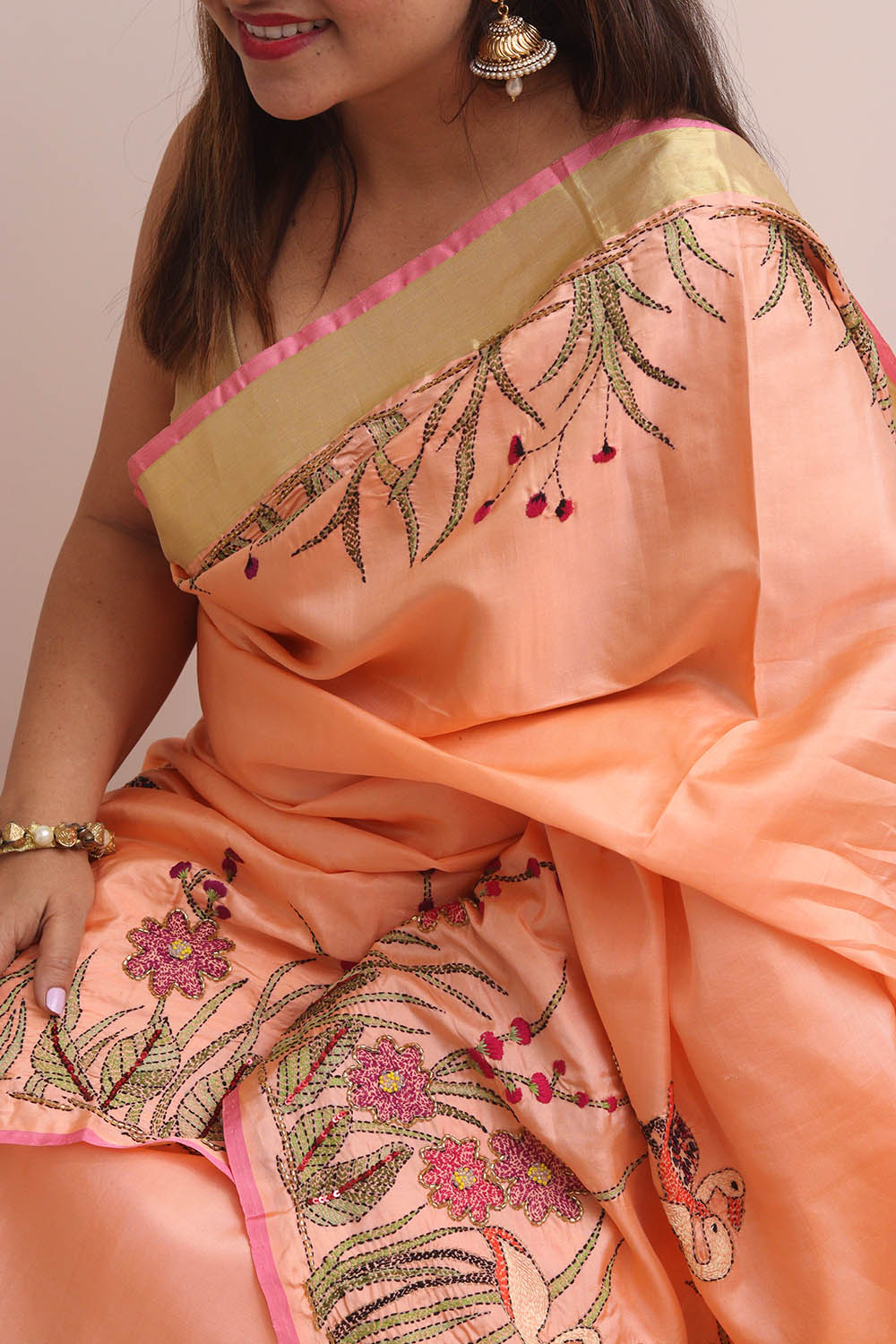 Peach Kanjeevaram Silk Saree With Kantha Embroidered Work - Luxurion World
