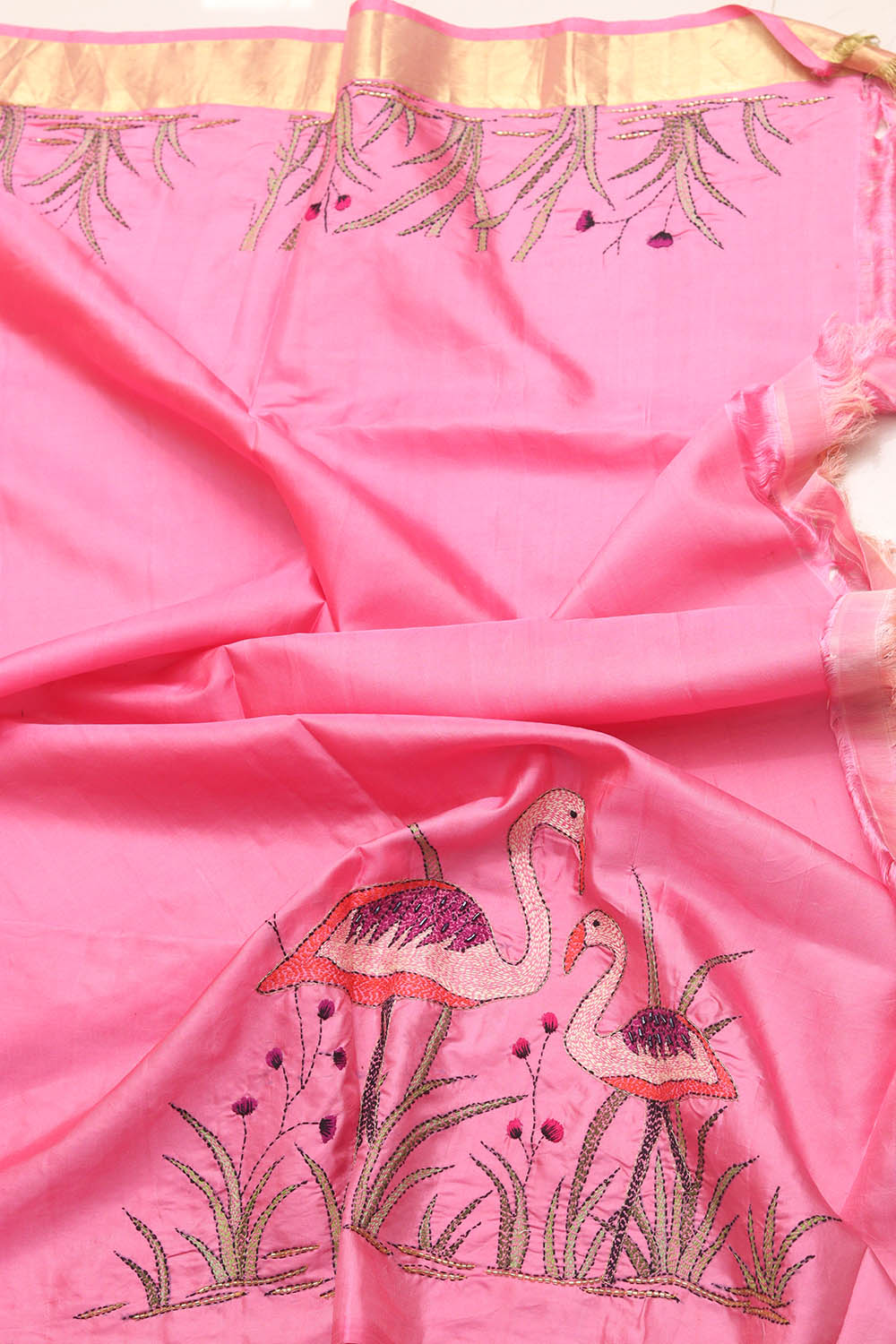 Peach Kanjeevaram Silk Saree With Kantha Embroidered Work - Luxurion World