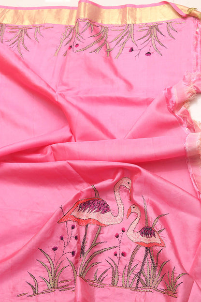 Peach Kanjeevaram Silk Saree With Kantha Embroidered Work - Luxurion World