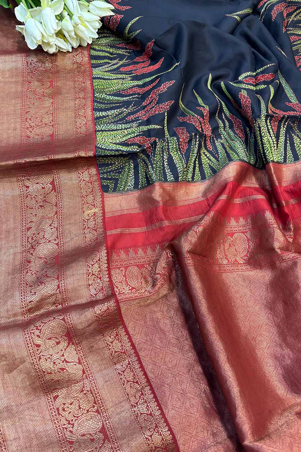 Black Handloom Kanjeevaram Pure Silk Saree With Hand Kantha Work - Luxurion World