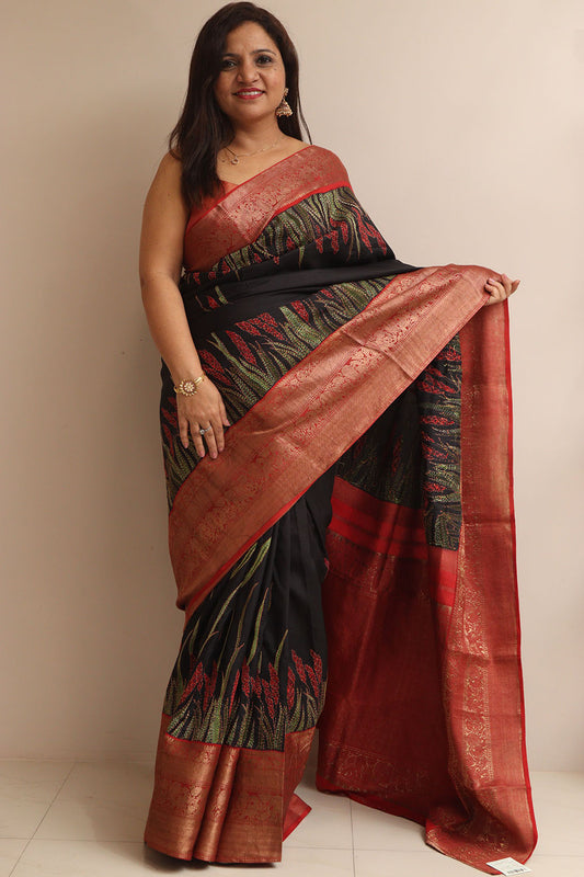 Black Handloom Kanjeevaram Pure Silk Saree With Hand Kantha Work - Luxurion World