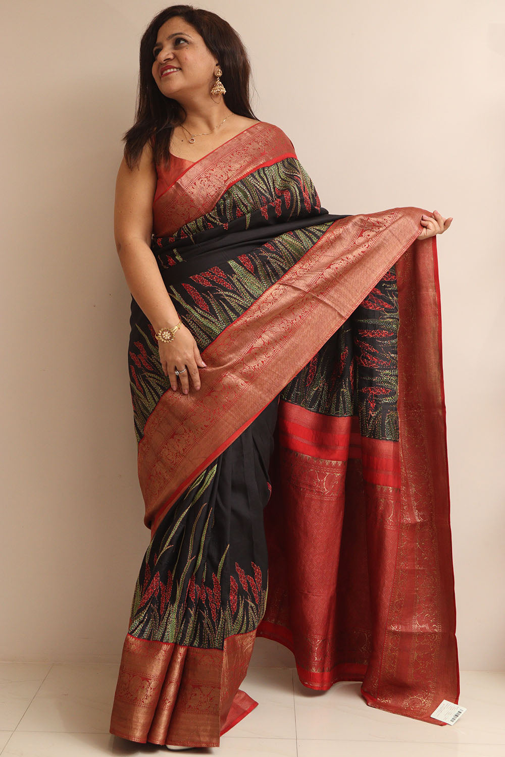 Black Handloom Kanjeevaram Pure Silk Saree With Hand Kantha Work - Luxurion World