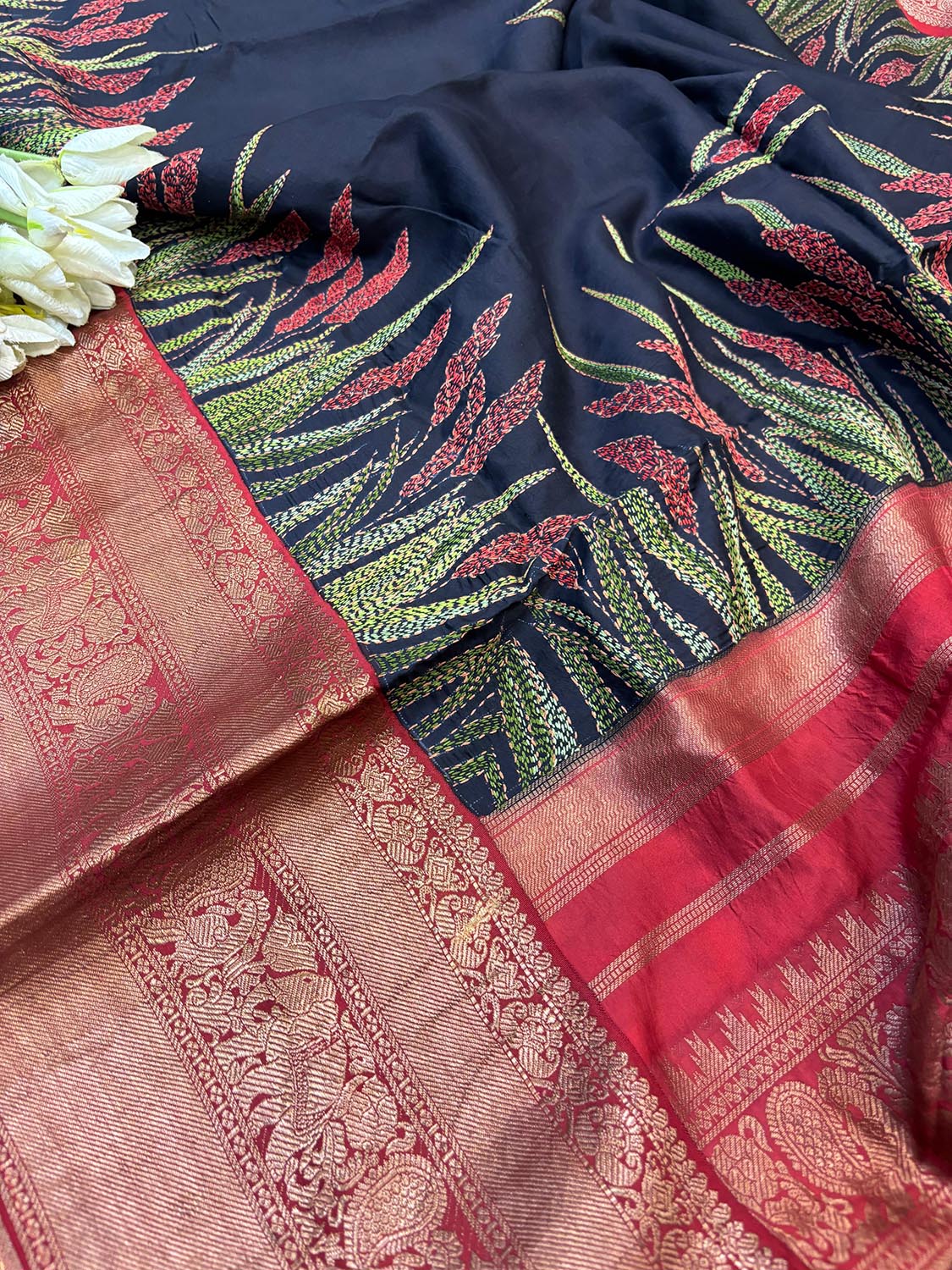 Black Handloom Kanjeevaram Pure Silk Saree With Hand Kantha Work - Luxurion World