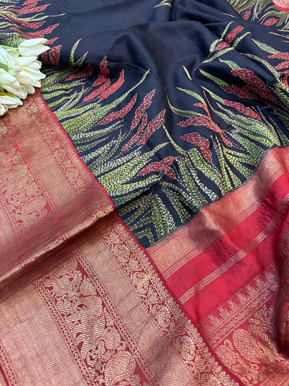 Black Handloom Kanjeevaram Pure Silk Saree With Hand Kantha Work - Luxurion World