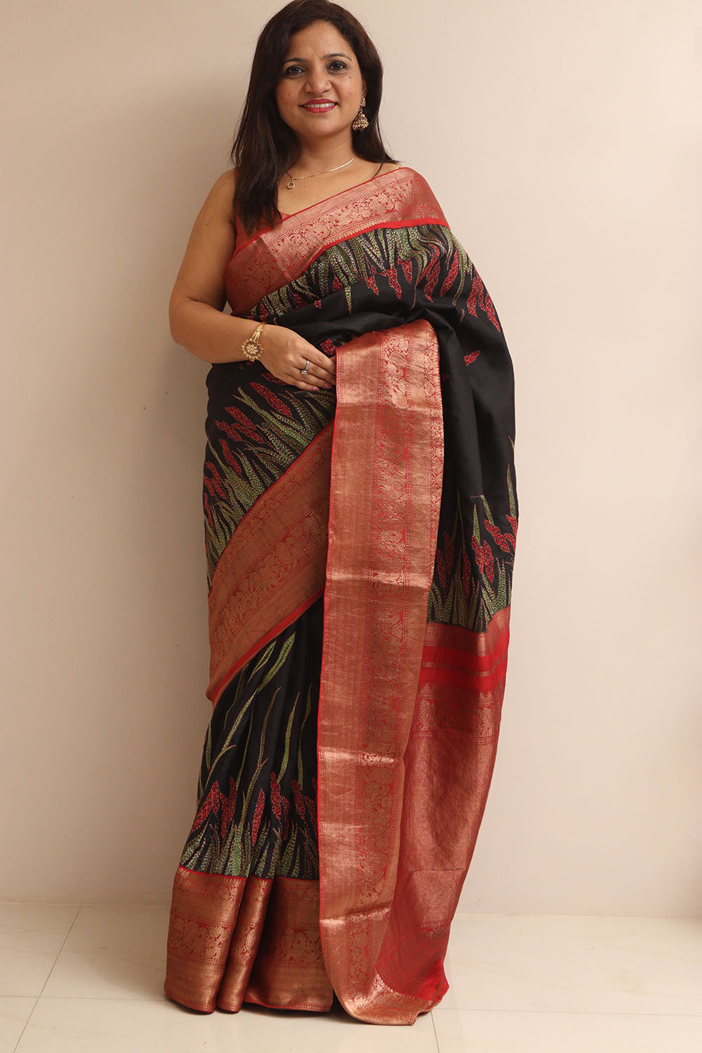Black Handloom Kanjeevaram Pure Silk Saree With Hand Kantha Work - Luxurion World
