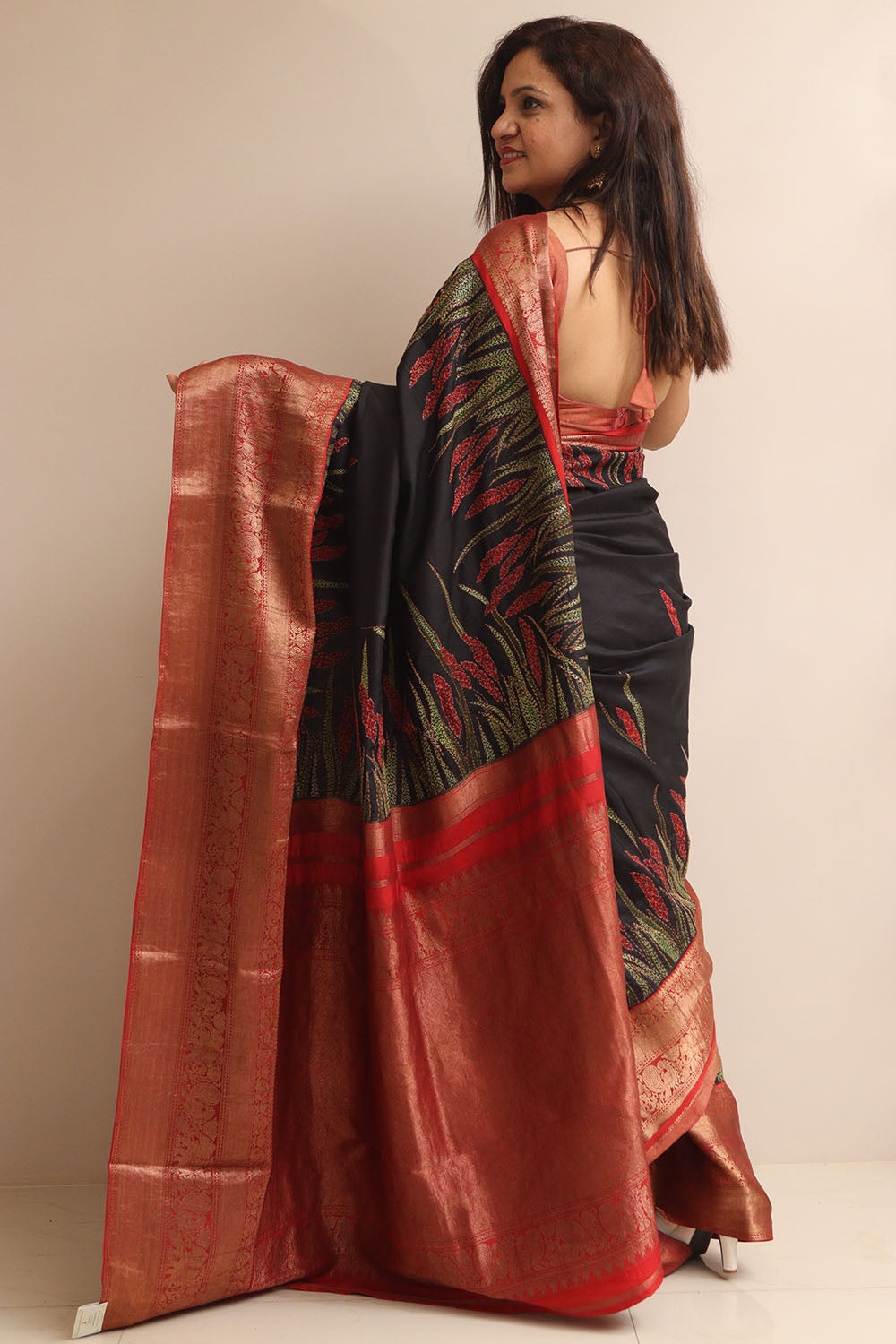 Black Handloom Kanjeevaram Pure Silk Saree With Hand Kantha Work - Luxurion World