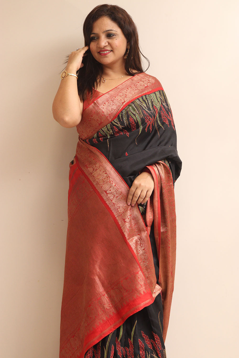 Black Handloom Kanjeevaram Pure Silk Saree With Hand Kantha Work - Luxurion World