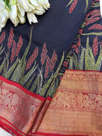 Black Handloom Kanjeevaram Pure Silk Saree With Hand Kantha Work - Luxurion World