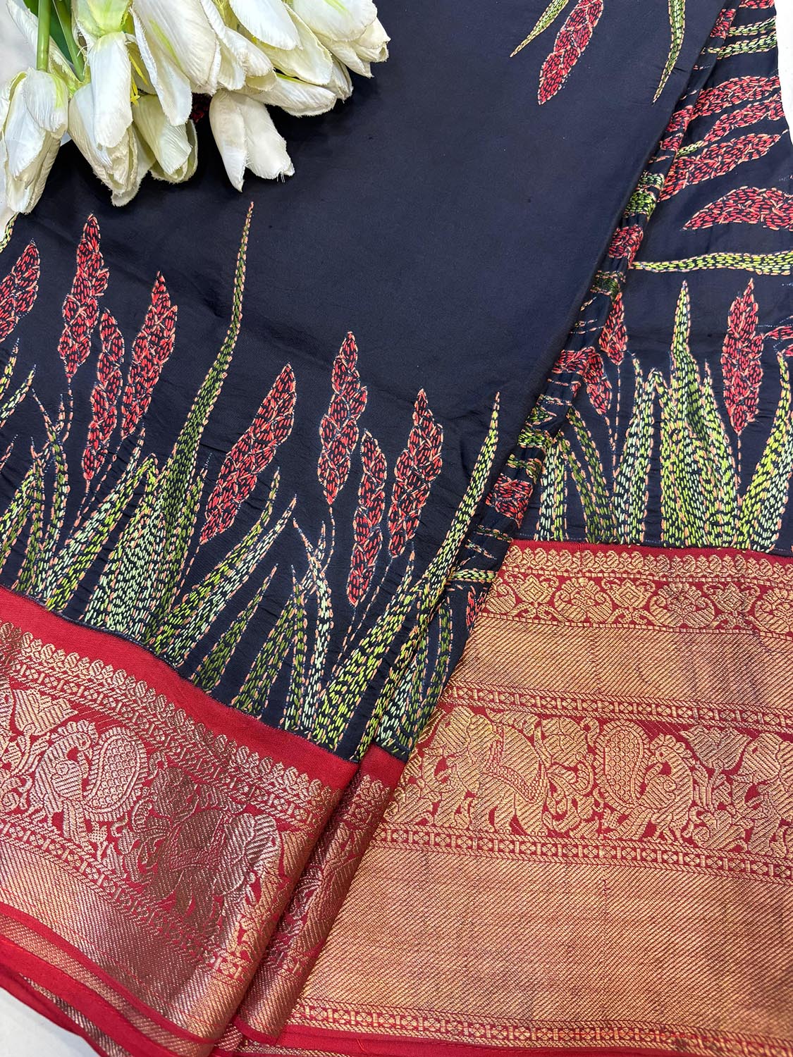 Black Handloom Kanjeevaram Pure Silk Saree With Hand Kantha Work - Luxurion World