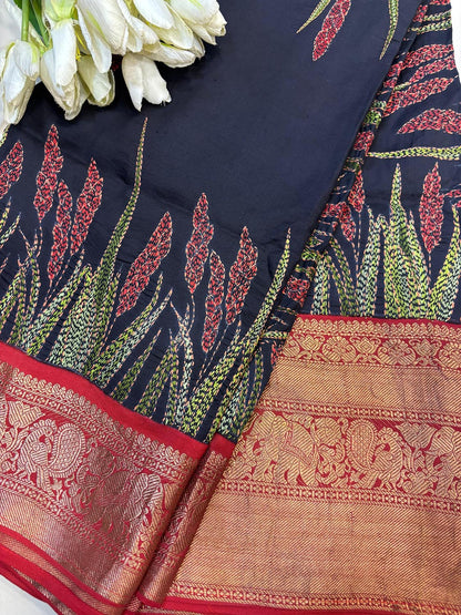 Black Handloom Kanjeevaram Pure Silk Saree With Hand Kantha Work - Luxurion World