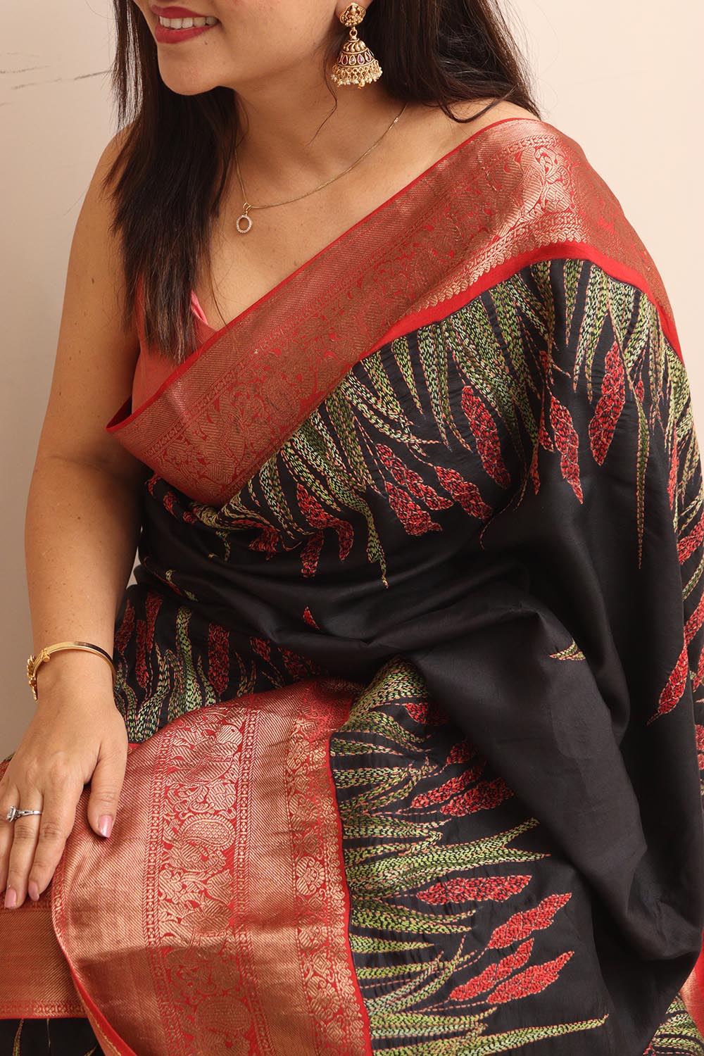 Black Handloom Kanjeevaram Pure Silk Saree With Hand Kantha Work - Luxurion World