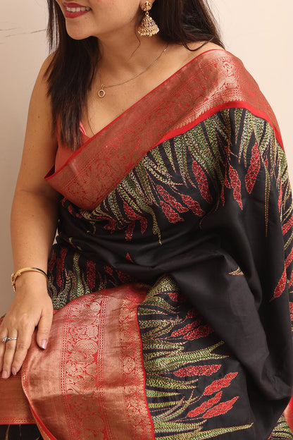 Black Handloom Kanjeevaram Pure Silk Saree With Hand Kantha Work - Luxurion World