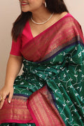 Green Handloom Pure Silk Ikat Kanji Saree With Hand Embroidered Chikankari Work - Luxurion World