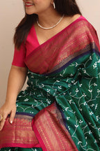 Green Handloom Pure Silk Ikat Kanji Saree With Hand Embroidered Chikankari Work - Luxurion World