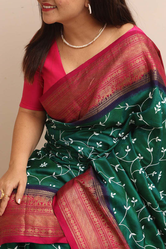 Green Handloom Pure Silk Ikat Kanji Saree With Hand Embroidered Chikankari Work - Luxurion World