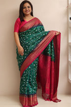 Green Handloom Pure Silk Ikat Kanji Saree With Hand Embroidered Chikankari Work - Luxurion World