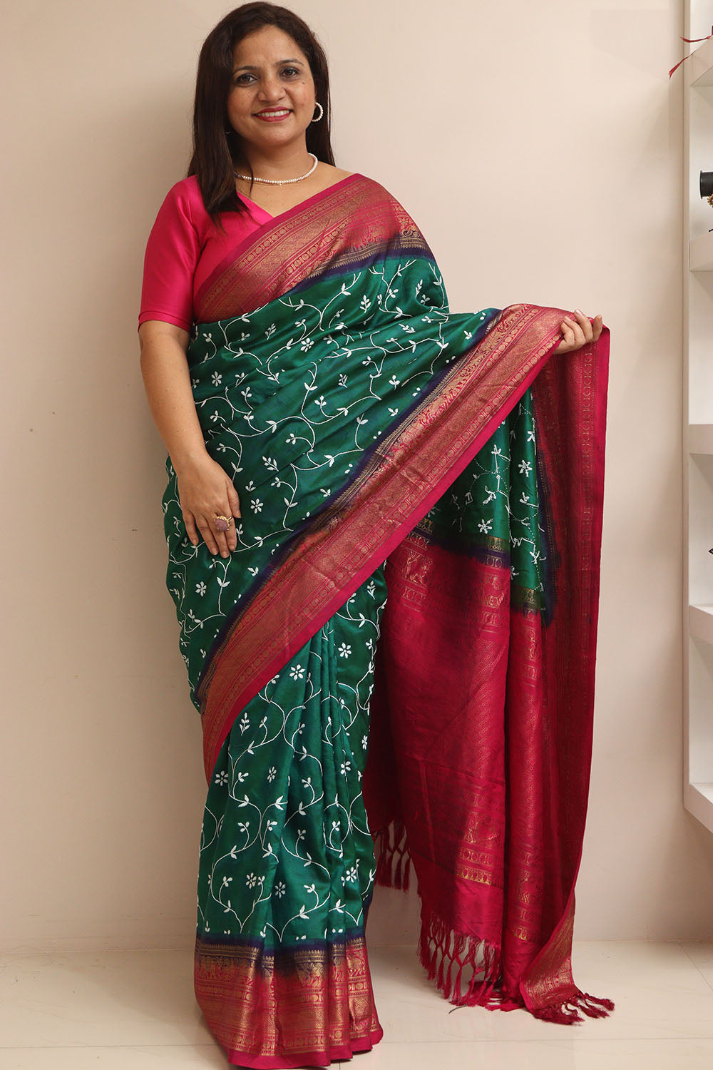 Green Handloom Pure Silk Ikat Kanji Saree With Hand Embroidered Chikankari Work - Luxurion World