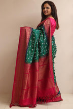 Green Handloom Pure Silk Ikat Kanji Saree With Hand Embroidered Chikankari Work - Luxurion World