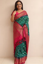 Green Handloom Pure Silk Ikat Kanji Saree With Hand Embroidered Chikankari Work - Luxurion World