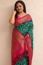 Green Handloom Pure Silk Ikat Kanji Saree With Hand Embroidered Chikankari Work - Luxurion World