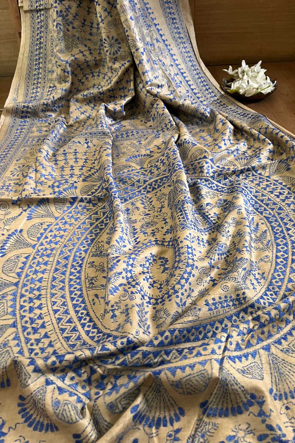 Pastel Kantha Hand Embroidered Gachi Tussar Silk Saree - Luxurion World