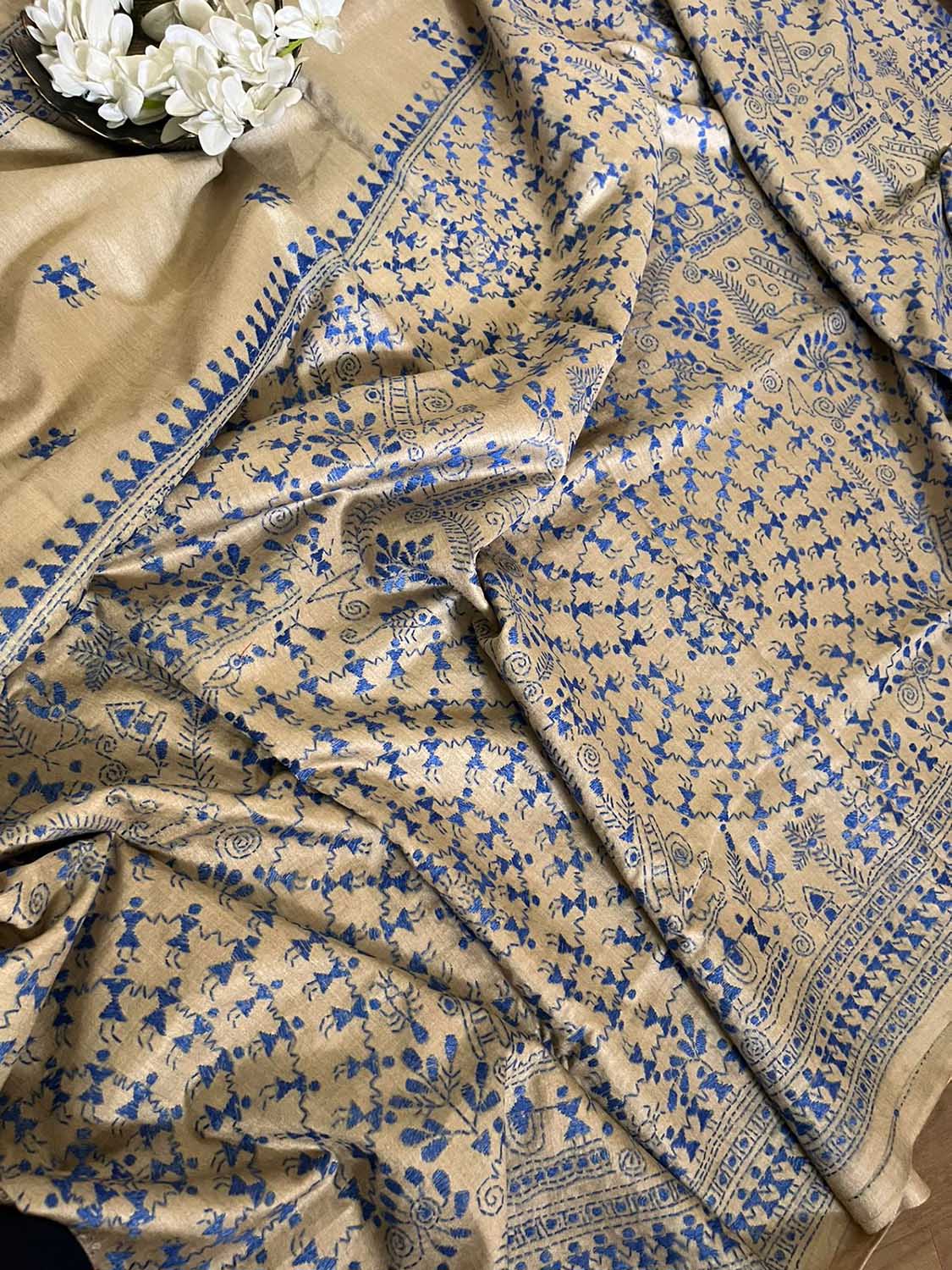Pastel Kantha Hand Embroidered Gachi Tussar Silk Saree - Luxurion World