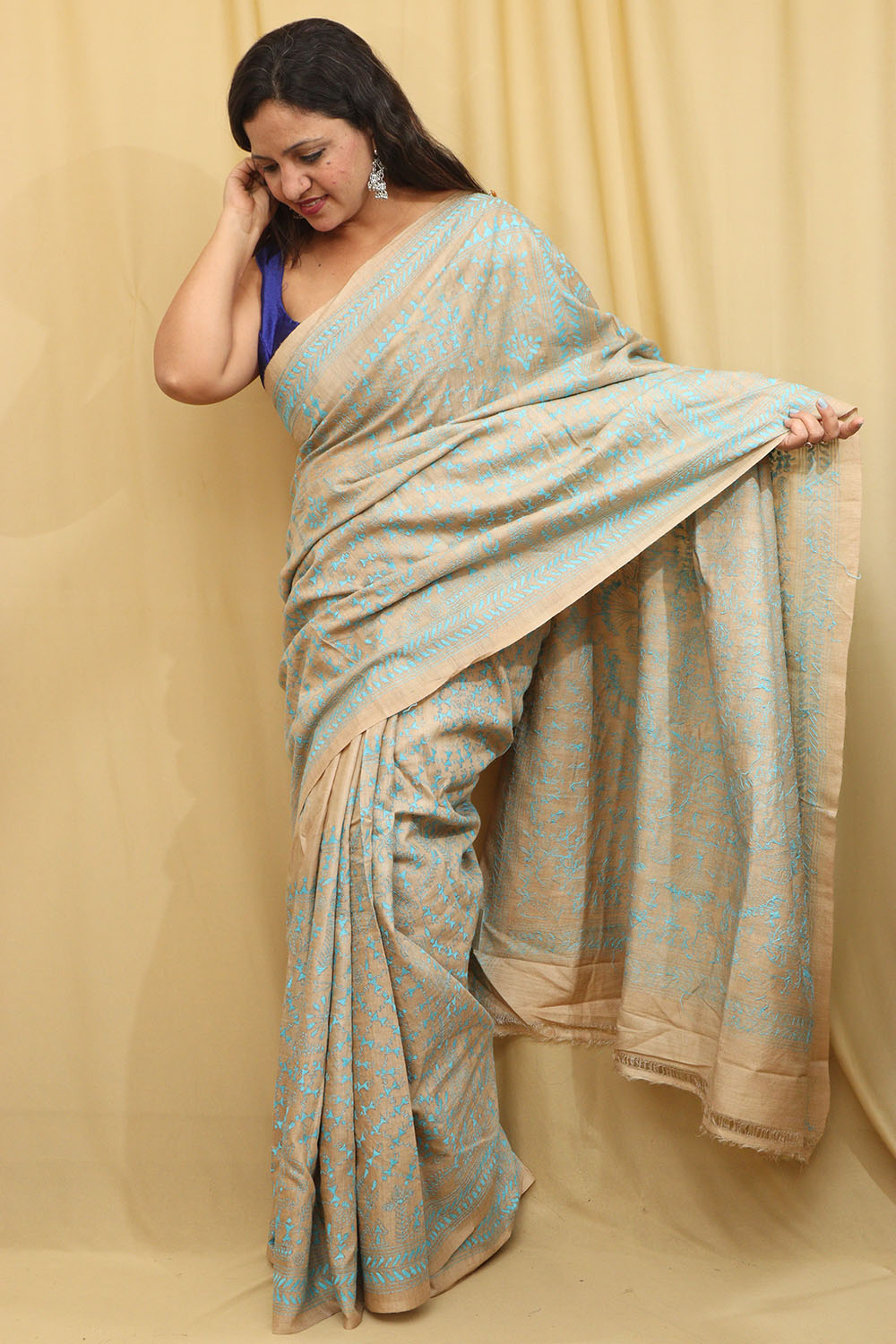Pastel Kantha Hand Embroidered Gachi Tussar Silk Saree - Luxurion World
